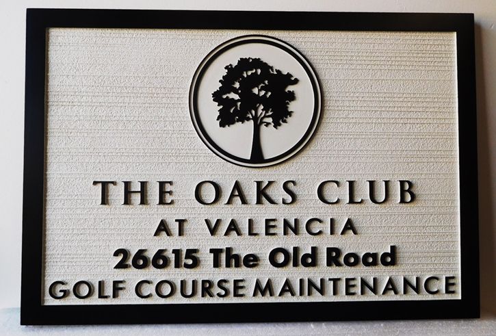 E14237 - Carved HDU Sign, "The Oaks Club at Valencia", 2.5-D Raised Relief with Sandblasted Wood Grain Background