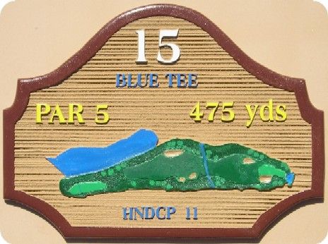 E14426 - Sandblasted HDU Wood Golf Course Tee Sign Showing the Hole Layout and the Distance From the Tee to the Green