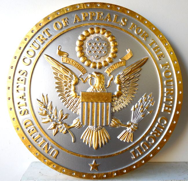 M7326 - Gold-Leaf Gilded  Plaque of  the Seal of the Fourth Circuit Court Appeals, with Metallic Silver Painted Background