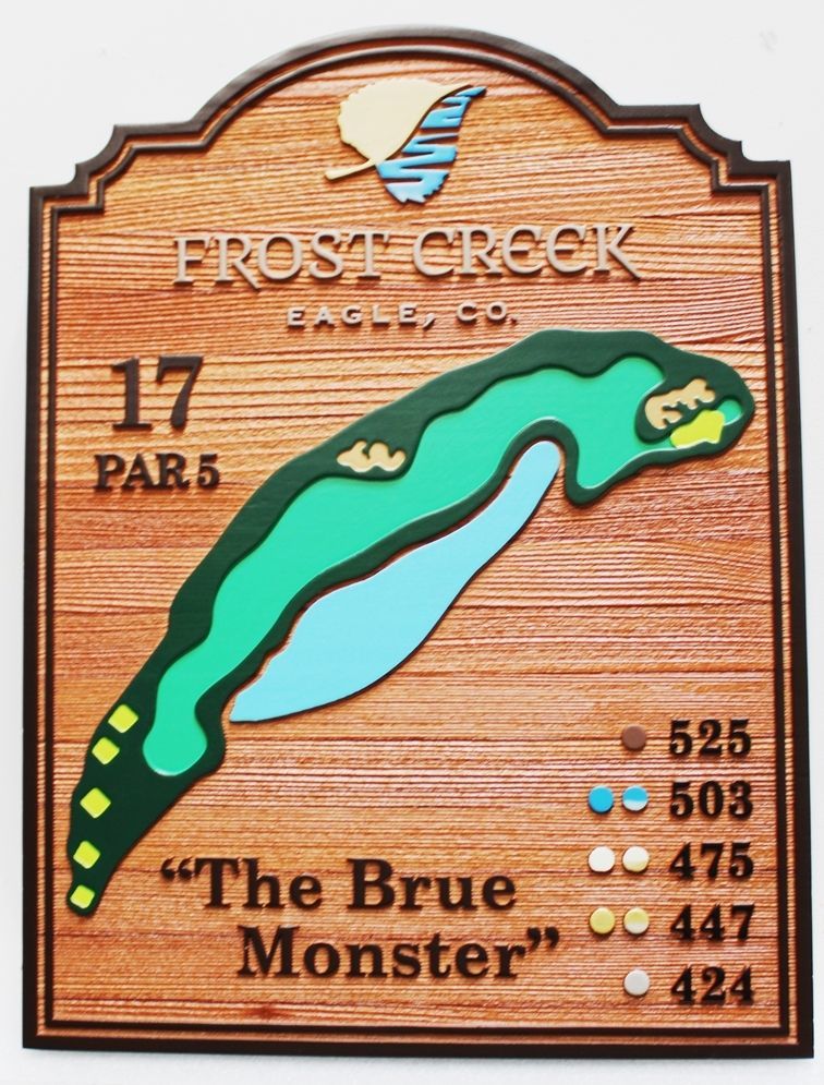 E14420 - Carved Cedar Tee Sign showing  the Hole Layout for the 17th Hole, "The Brue Monster" at the Frost Creek  Country Club