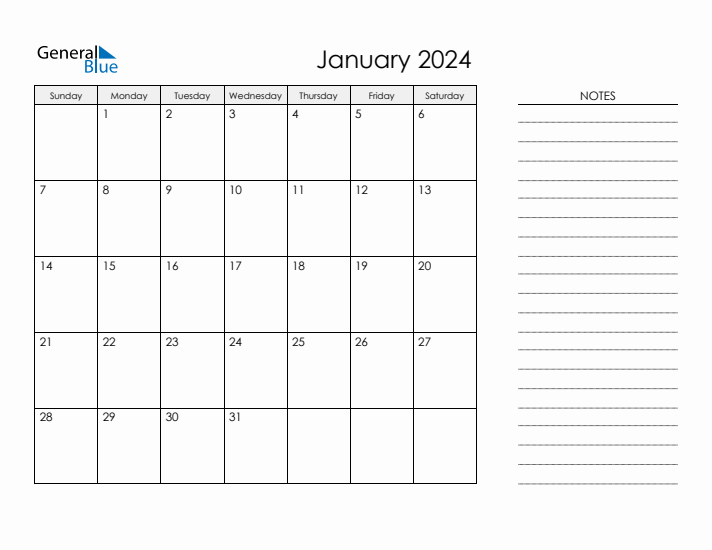 Printable Monthly Calendar with Notes - January 2024