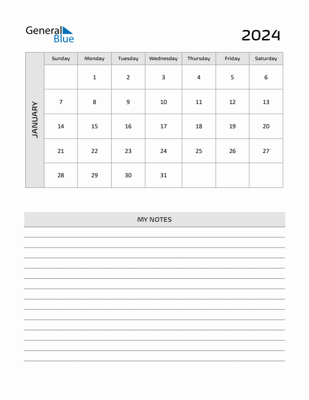 January 2024 Calendar Printable