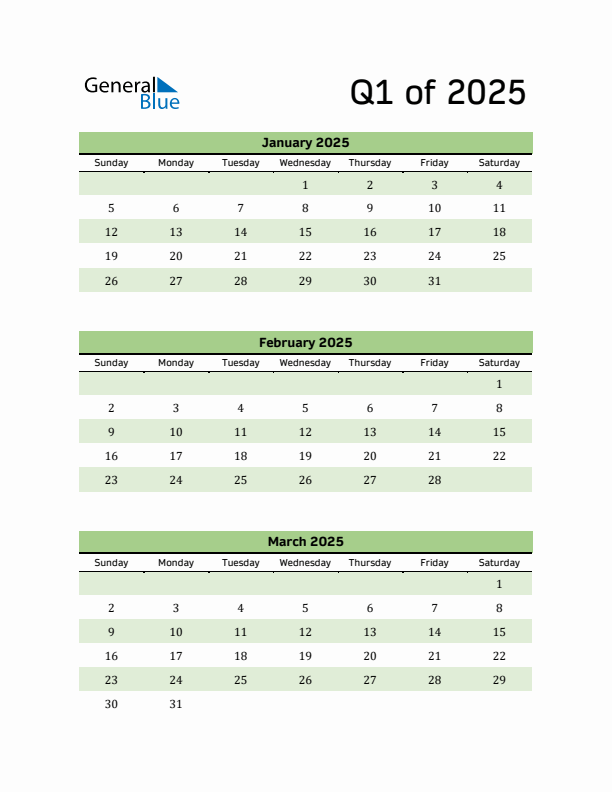 Printable Quarterly Calendar (Q1 2025)