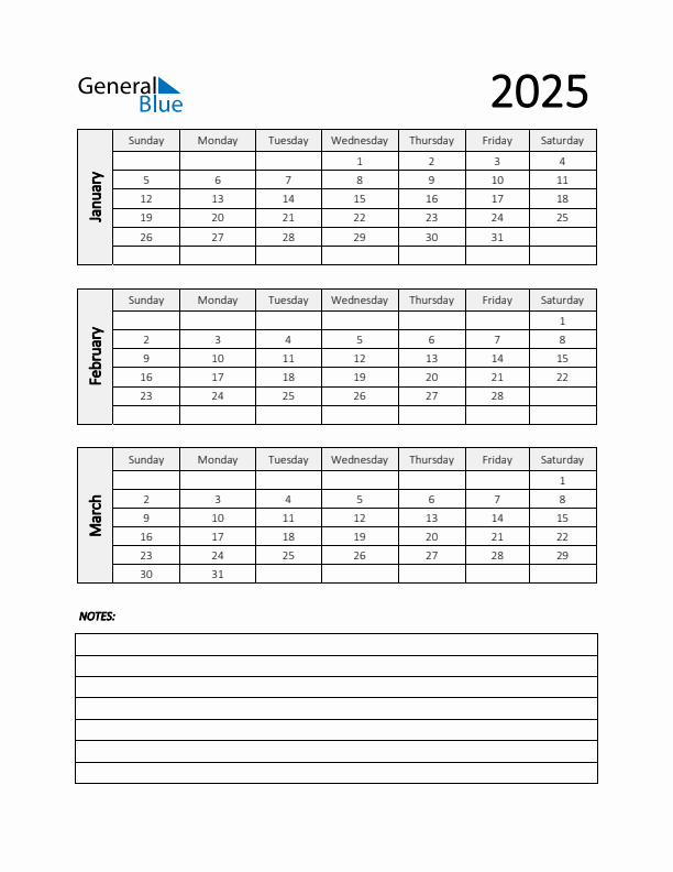 Q1 2025 Calendar with Notes