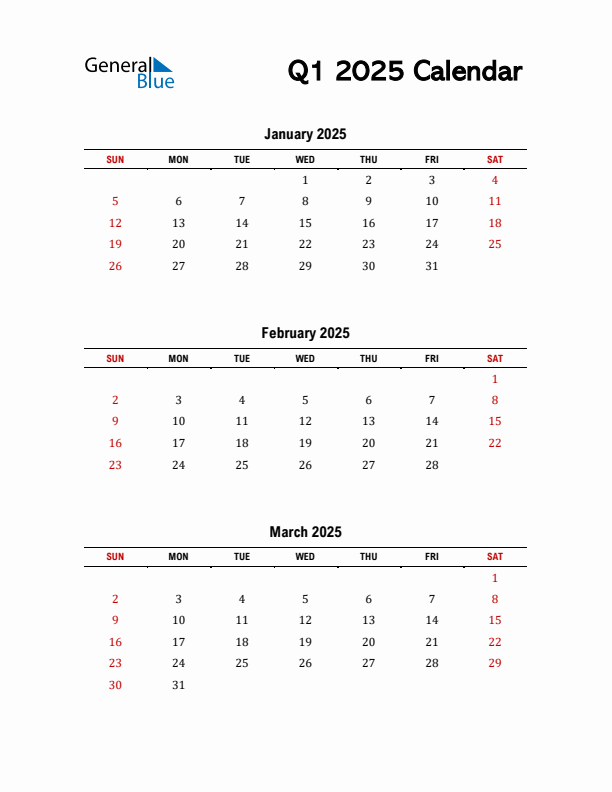 2025 Q1 Calendar with Red Weekend