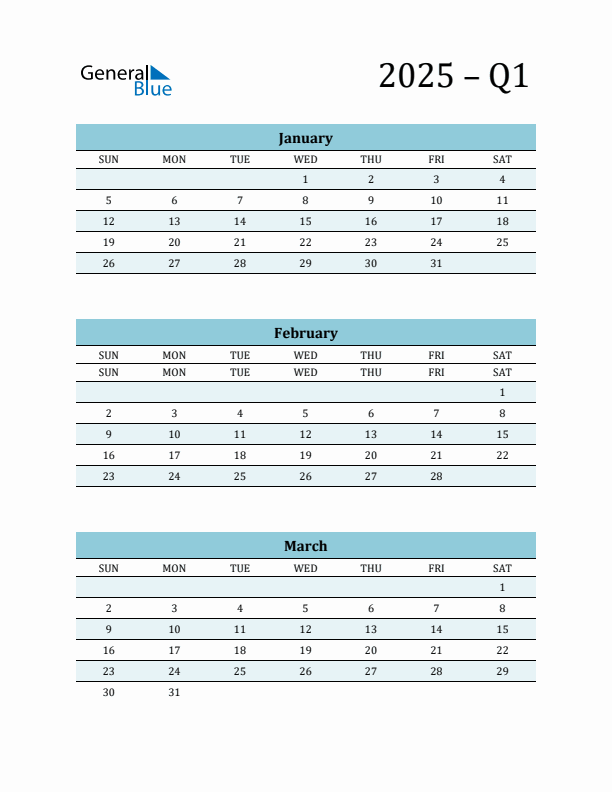 January, February, and March 2025 Calendar