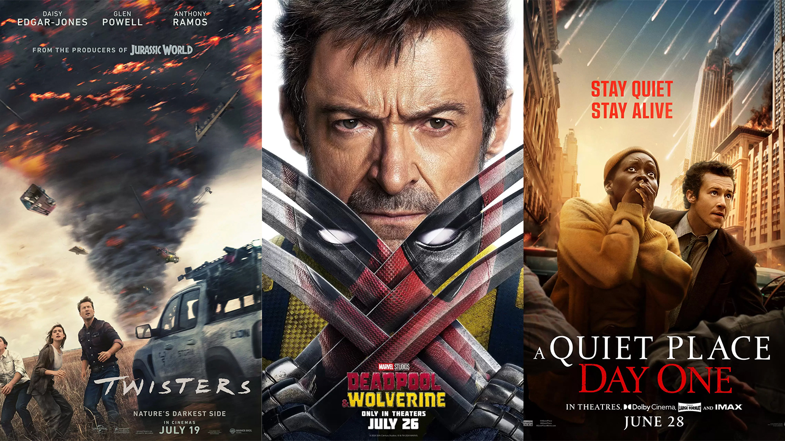 Three movie posters side-by side. The first features people bracing with a tornado behind them, the second is a man with sideburns staring intently at the camera, a red-and-black mask reflected in his metal claws; and the third features a woman gasping with her hands over her mouth and a man standing behind her as meteors rain from the sky. 