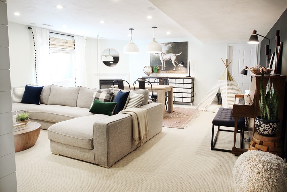 Grey walls and leather furniture for basement