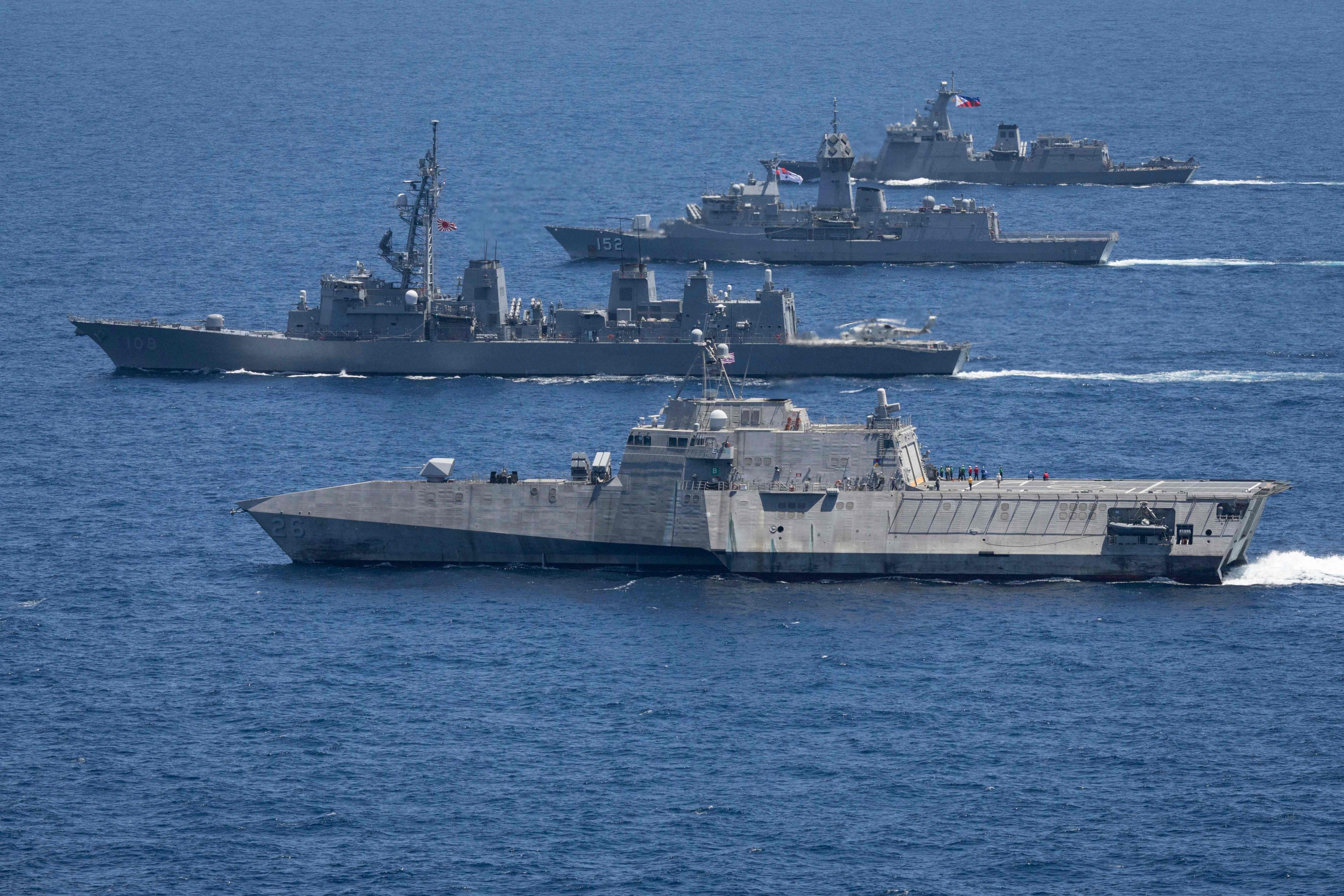 The USS Mobile, JS Akebono, HMAS Warramunga and BRP Antonio Luna during an operation between Australia, the US, Japan and the Philippines in the Philippine EEZ on April 7. While the US alliance is a cornerstone of the Philippines’ security planning, Japan is an increasingly important player. Photo: AFP