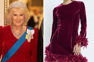 Queen Camilla red velvet dress 