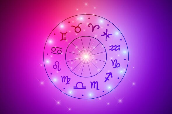 Zodiac signs inside of horoscope circle. Astrology in the sky with many stars and moons astrology and horoscopes concept