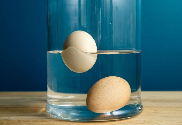 Comparison with fresh edible and old rotten egg. Fresh edible chicken egg is sunken bottom of the glass jar and bad old rotten egg is floating above w