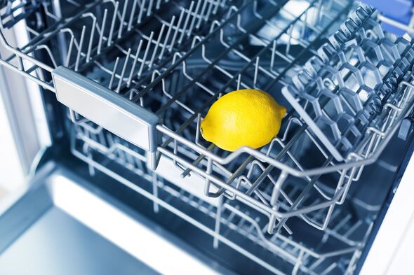 Home appliance dishwashing machine in kitchen interior, no people