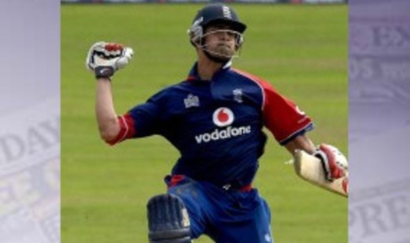 England s Owais Shah leaps as he scores a century during the NatWest Series match at The Brit Oval 