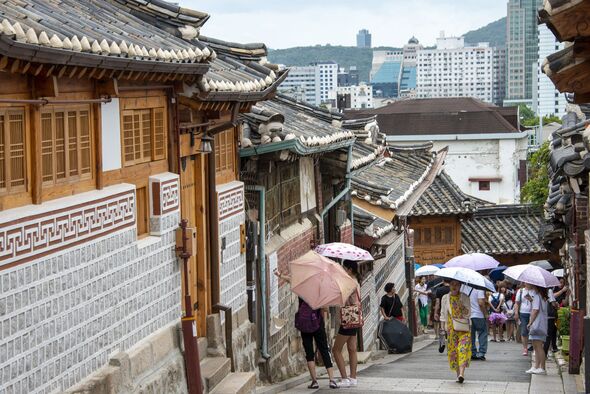 Rainy day in Bukchon Hanok Village, Seoul Historic Neighborhood, South Korea