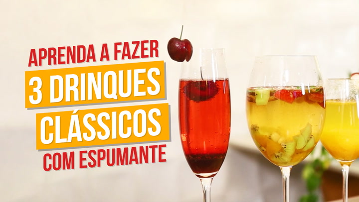 Thumbnail - O chef Pedro Kucht ensina a preparar Bellini, Kir Royal e Clericot, três drinques clássicos e refrescantes à base de espumante