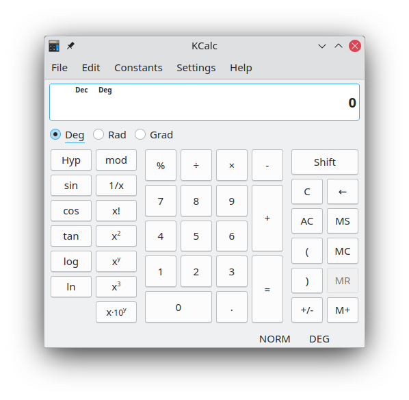 Fenestra de KCalc in modo scientific