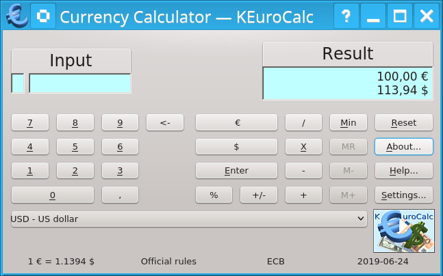 Schermafdruk van KEuroCalc