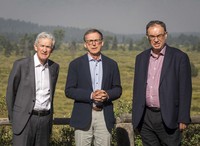 Federal Reserve Chairman Jerome Powell, left, Governor of the Bank of Canada Tiff Macklem, center, and Governor of the Bank of England Andrew Bailey pose for a photo at the Jackson Hole Economic Symposium at Jackson Lake Lodge in Grand Teton National Park near Moran, Wyo., on Aug. 23, 2024. (AP Photo/Amber Baesler)