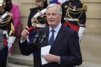 New French prime minister Michel Barnier delivers a speech during the handover ceremony, on Sept. 5, 2024 in Paris. (AP Photo/Michel Euler)