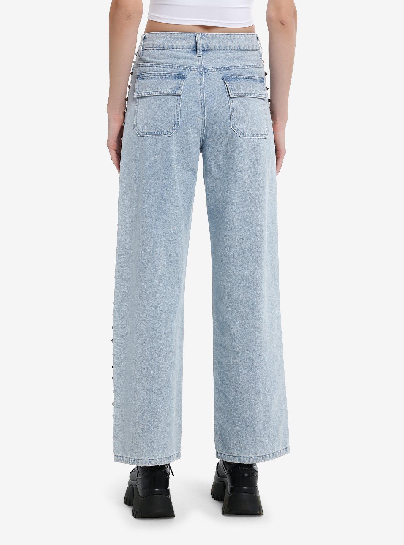 Light Blue Studded Wide-Leg Jeans, , hi-res