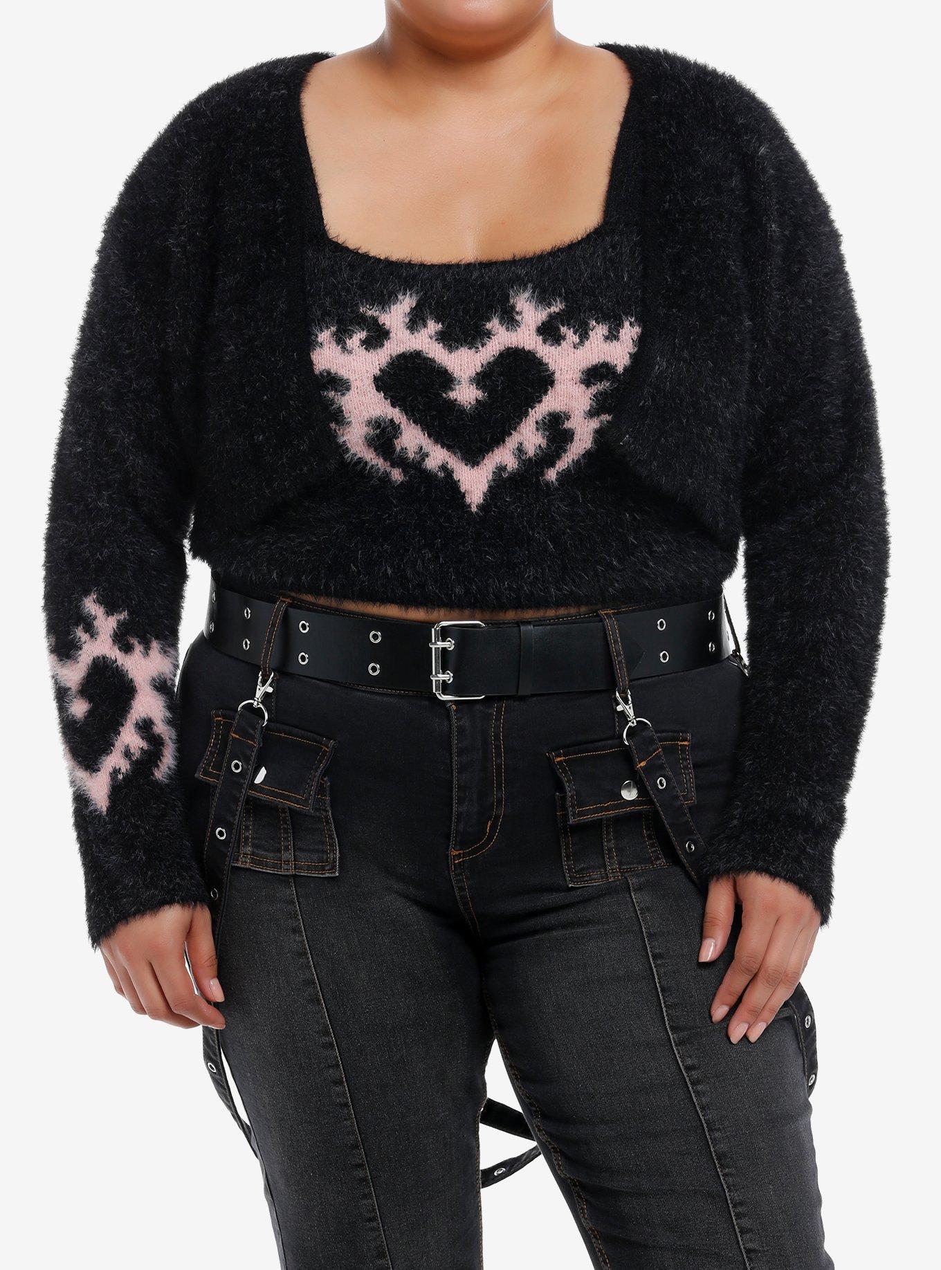 Social Collision Fuzzy Heart Girls Tank & Cardigan Set Plus Size, , hi-res