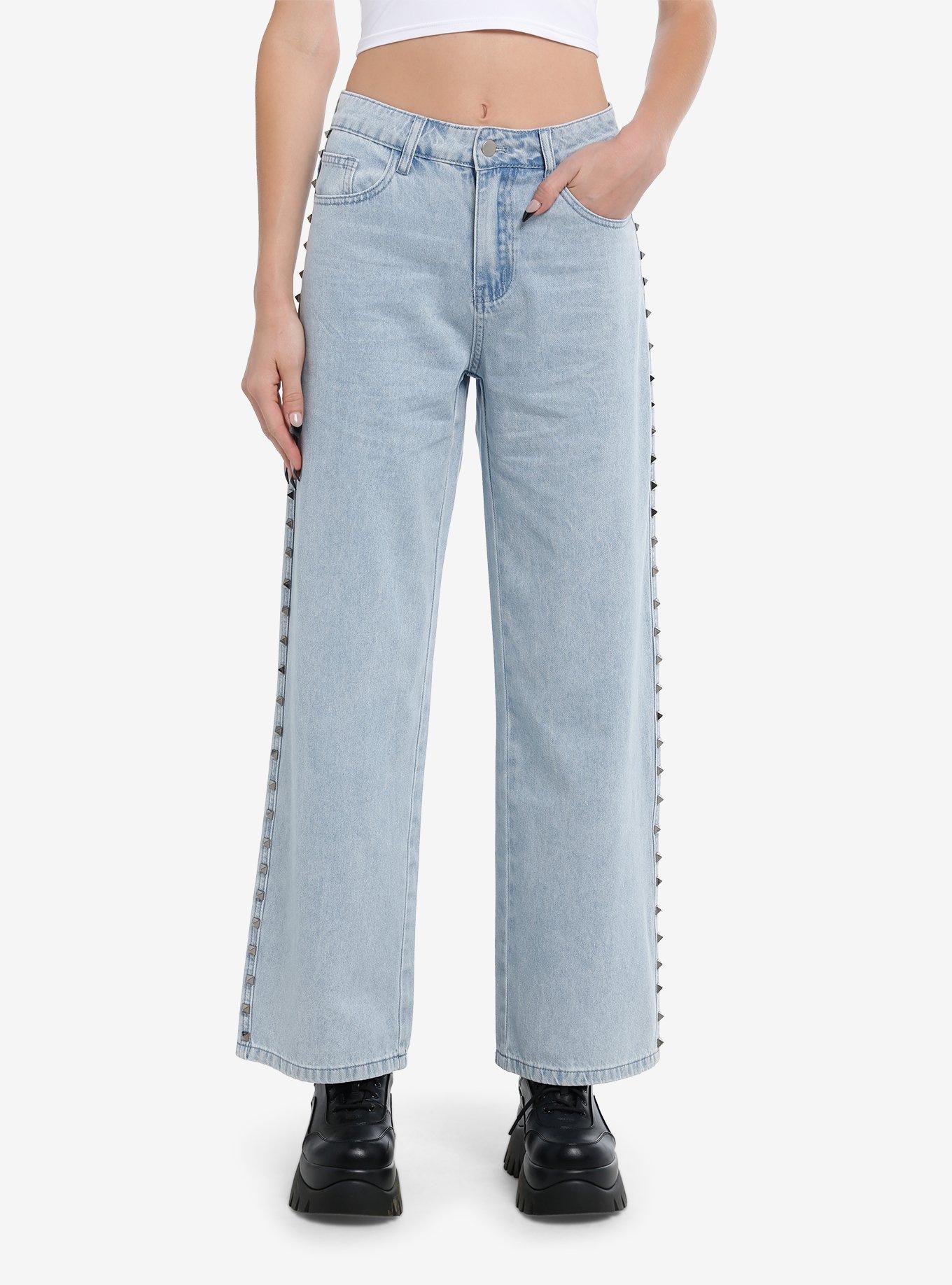 Light Blue Studded Wide-Leg Jeans, , hi-res