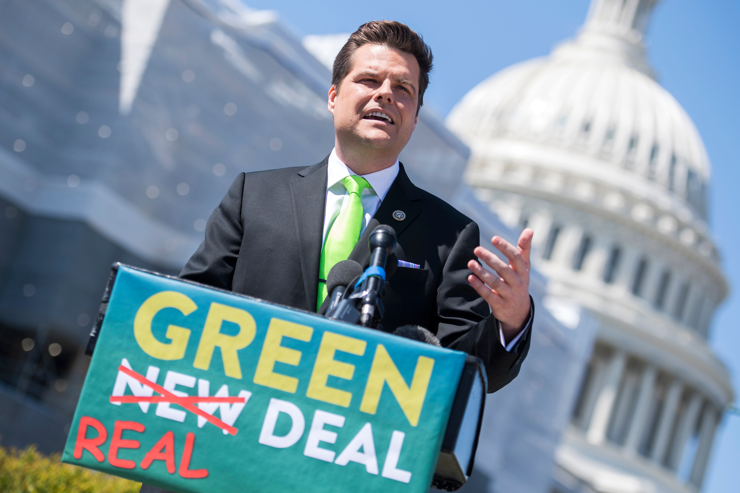 Rep. Matt Gaetz, F-Fla., conducts a news conference at the House Triangle to unveil climate change legislation the Green Real Deal, on Wednesday, April 3, 2019. (Photo By Tom Williams/CQ Roll Call)