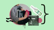 Photo collage of a man wiping down a TV, a woman sanitising a screen on a plane if front of her daughter, and a product shot of a bed bug travel spray.