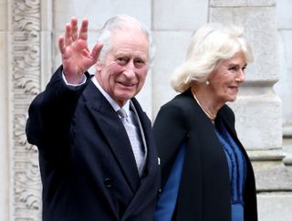 King Charles III departs with Queen Camilla after receiving treatment for an enlarged prostate at The London Clinic on January 29, 2024 in London, England.