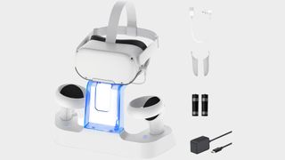 NexiGo Enhanced Charging Dock with Quest 2 docked and the various bundled components on the right hand side