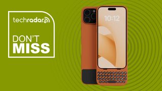 Clicks for iPhone 16 Pro front and back in the really hot new Spice color with an iPhone 16 Pro in black inside all on top of a green Don't Miss TechRadar banner