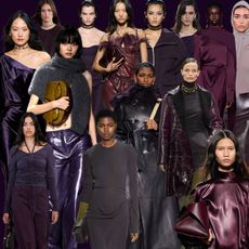 Collage of runway images featuring models wearing the plum color trend.