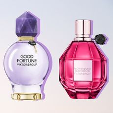  Collage of Viktor & Rolf perfumes on an ombre purple and peach background