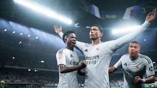 Real Madrid players celebrate a goal in EA Sports FC 25.