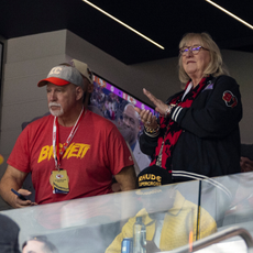 Ed and Donna Kelce look on from their suite prior to the NFL Super Bowl 58 football game between the San Francisco 49ers and the Kansas City Chiefs at Allegiant Stadium on February 11, 2024 in Las Vegas, Nevada.