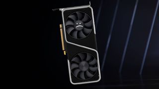 Nvidia GeForce RTX graphics card with navy backdrop and sad text face on GPU fan