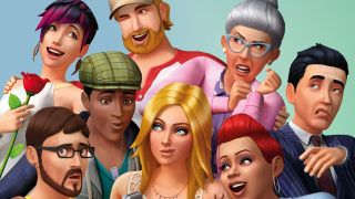 The Sims 4 screenshot of eight Sims with varying facial expressions standing against a blue and green backdrop.