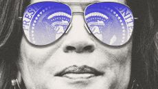 Illustration of Kamala Harris with the Presidential Seal reflected in a pair of aviator sunglasses 