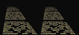 Two scrolls of words in yellow appear side by side. The scrolls read "The illusion you are currently viewing is the same general effect as the the Leaning Tower Illusion, but with widely recognized scrolling of the Star Wars’ prologues. The Star Wars scroll illusion is entirely consistent with the