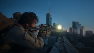 A sniper in front of the NYC skyline in Civil War