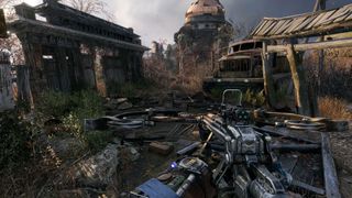 Metro Exodus screenshot of first person gunplay, featuring a metal crossbow