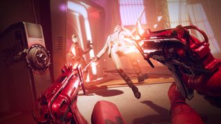 Deathloop screenshot of Colt shooting an enemy with twin machine pistols