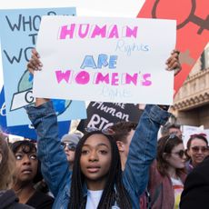  An activist participates in the Women's March Los Angeles 2018 on January 20, 2018 in Los Angeles, California