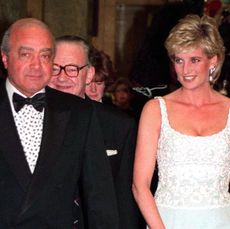 Mohamed Al-Fayed in a tuxedo and Princess Diana wearing a white evening gown