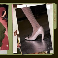 a collage of runway images depicting 2025 fashion trends approved by a Nordstrom fashion director, more specifically, colorful neutrals, and statement heels shown in the collections of Tory Burch, and Gucci