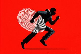 An illustration of a silhouetted thief in motion running while carrying a stolen fingerprint. This could represent individuality, identity, privacy concerns, or a concept of personal data being in motion or at risk. The combination of the human form with the unique identifier of a fingerprint offers a visual metaphor for themes such as identity theft, digital security, or the trace we leave behind in a digital age. The overall aesthetic is bold and dynamic, fitting for topics of cybersecurity, personal identity, or discussions about the intersection of humanity and technology.