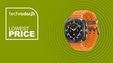 The Samsung Galaxy Watch Ultra on a green background with text saying lowest price.