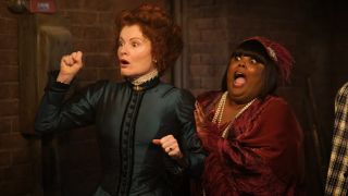 Rebecca Wisocky as Hetty looking shocked and Danielle Pinnock as Alberta screaming in Ghosts Season 4.