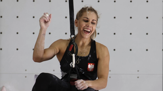 Aleksandra Miroslaw of Team Poland celebrates ahead of the women's speed climbing finals day live stream at Olympics 2024